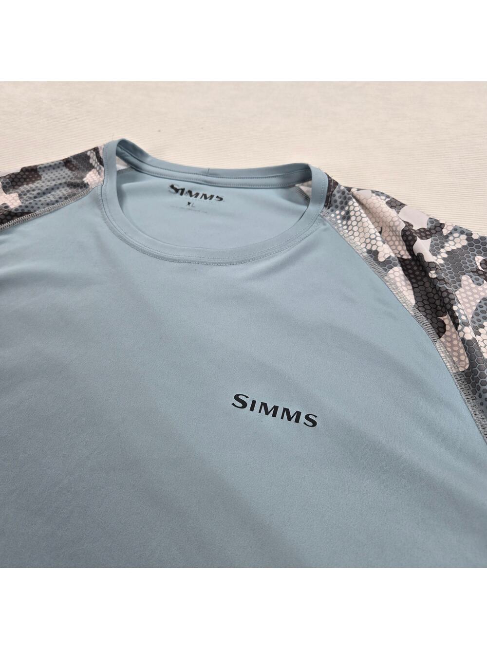 Simms SolarFlex Long Sleeve Blue Camo Fishing Shirt Men's Size XL